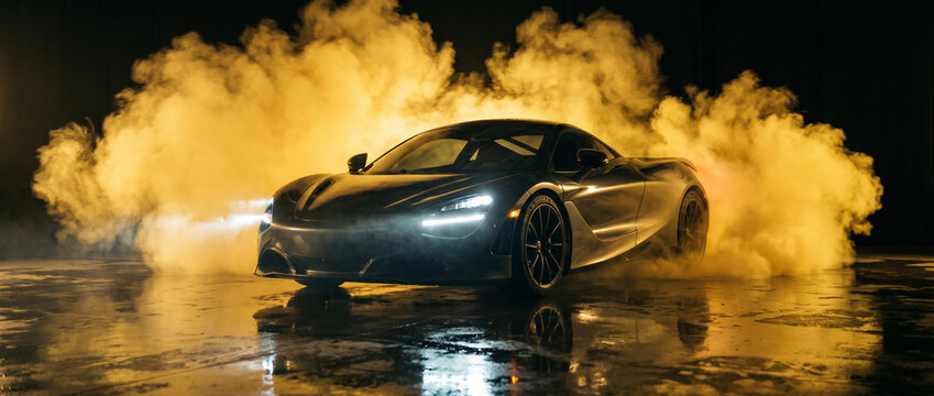 Modern supercar drifting on wet racetrack at night surrounded by yellow smoke with supercar automotive performance sportscar automobile competition traction nightlife drifting