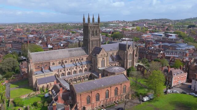 A rising drone aerial movement of the 11th Century historic, Worcester Cathedral in the city of Worcester, UK