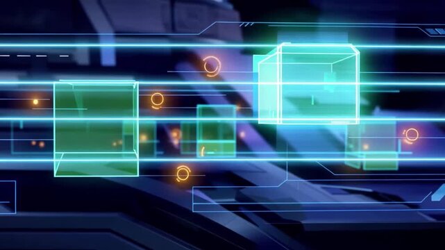 Futuristic digital technology interface featuring glowing cube neon line holographic display with blue and green light, abstract background data visualization technology concept virtual reality