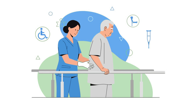Nurse assisting elderly man with physical therapy on parallel bars for rehabilitation