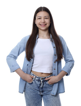 Portrait of beautiful teenage girl on white background