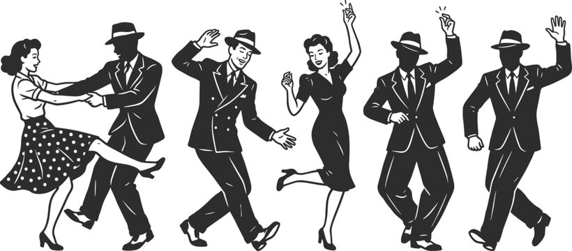 Vintage dance silhouettes collection, couples and individuals dancing in retro style poses, black vector set for music, party, swing, jazz and entertainment design use