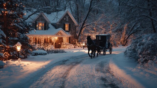 Snow covered house with horse drawn carriage on winter road scene