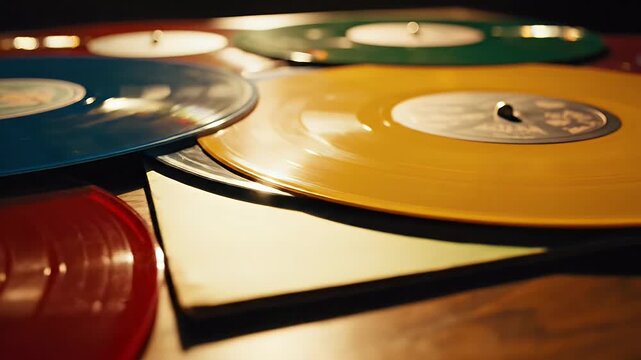 Colorful Vinyl Records - This video shows a collection of colorful vinyl records stacked on top of each other. The records come in blue, red, yellow, and green hues.