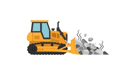 Obraz premium Yellow bulldozer construction vehicle pushing pile of rubble on white background, heavy machinery for demolition works