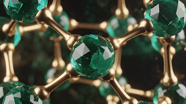 Emerald Jewel Molecular Structure - A close-up shot showcases a molecular structure made of emerald green jewels connected by golden rods.