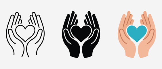 Fototapeta premium Hands holding heart icon set in different style, compassion and care symbol collection, love and support concept