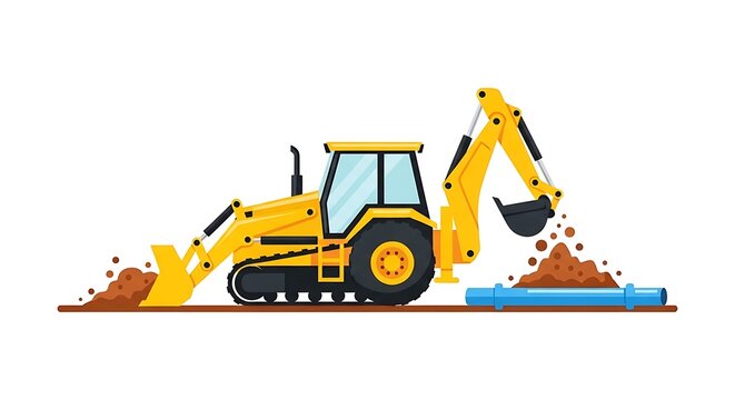 Backhoe loader moving earth for pipe laying project construction machinery working with soil and pipes