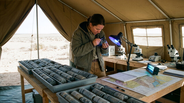 Female Geologist Examining Drill Core Samples with UV Light in Desert Field Laboratory Tent