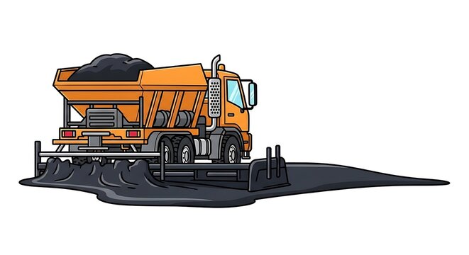 Asphalt paving truck spreads hot mix asphalt on road construction