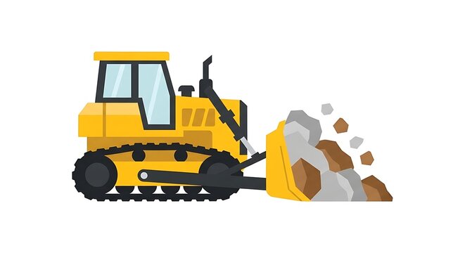 Yellow bulldozer with front loader pushing rocks and debris, illustrating construction and excavation work