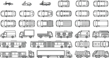 Vehicles outline vector mega set in thin line style. Monochrome transport icons in top and side view including cars, trucks, buses and service vehicles for CAD urban planning and city design © PrimePixel Co