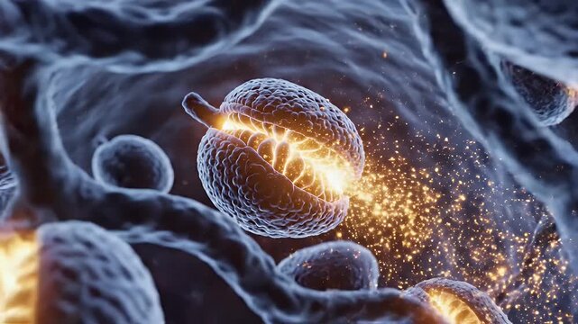 Cell Division and Replication - An illustrated, microscopic view of a cell splitting during mitosis. Bright light emits during cellular replication as the process occurs.