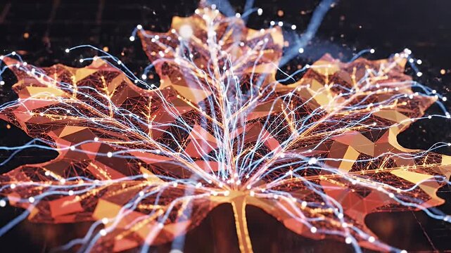 Digital Maple Leaf Connection - Abstract digital video of a maple leaf with glowing connections and a polygonal design. The video depicts a futuristic and technological representation of nature.