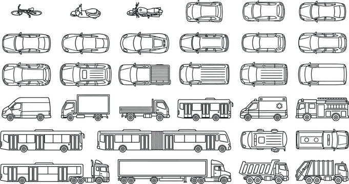 Vehicles outline vector mega set in thin line style. Monochrome transport icons in top and side view including cars, trucks, buses and service vehicles for CAD urban planning and city design