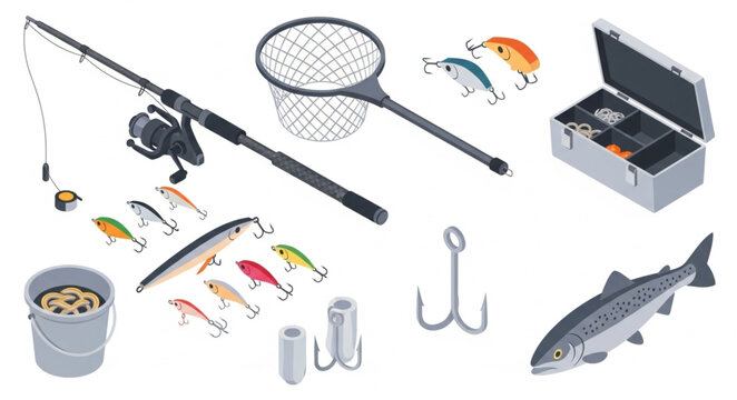 Fishing equipment set with rod reel lures net and tackle box.