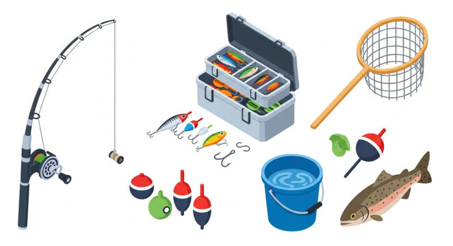 Fishing equipment set with rod tackle box net and fish.