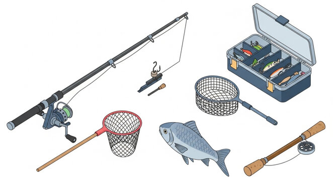 Fishing equipment set with rod reel tackle box nets and fish.
