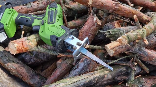 Cordless reciprocating saw on a pile of firewood. Modern green cordless reciprocating saw with attached battery lying on a pile of freshly cut wooden logs and branches. Power tool