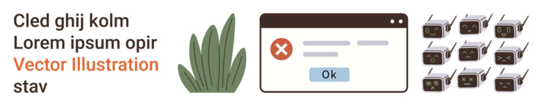 Data communication, alert systems, retro technology, error, user interface, IT troubleshooting. Pop-up window with error message next to retro radios and plant. Data communication and alert systems