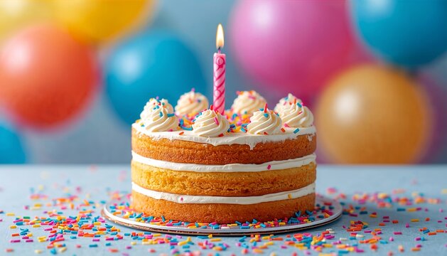 Birthday cake with candles and bokeh lights, celebration concept, festive atmosphere, party background, copy space