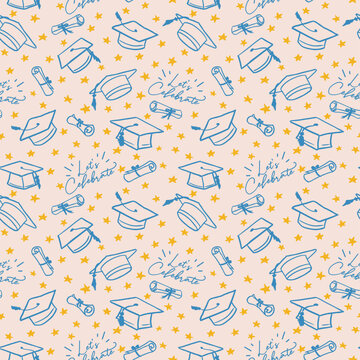 Graduation themed seamless pattern with golden stars, caps, diplomas and celebratory text arranged in fun colours and layout. Great for invite design, stationery, party decor, plates, tissues, napkins