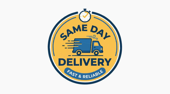 A vector graphic illustration of a same day delivery icon with a truck and clock