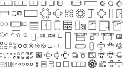 Obraz premium Architectural floor plan symbols mega set vector in top view. Thin line CAD icons of furniture, kitchen, bathroom, doors, windows and stairs for interior design, construction drawings and blueprints