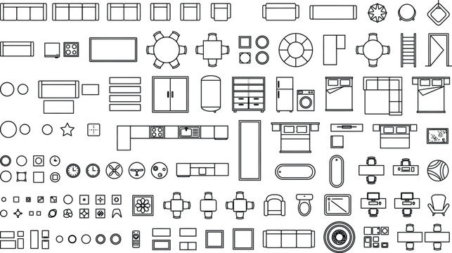 Architectural floor plan symbols mega set vector in top view. Thin line CAD icons of furniture, kitchen, bathroom, doors, windows and stairs for interior design, construction drawings and blueprints