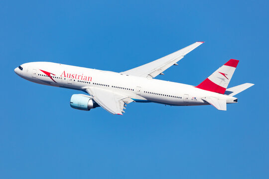 Austrian Airlines Boeing 777-200 (OE-LPB) climbing after takeoff from Vienna International Airport on October 14, 2023 in Vienna, Austria