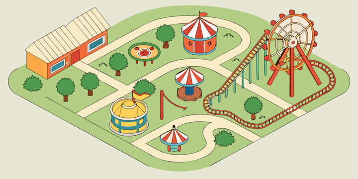 USA Theme Park Aerial Layout &ndash; Drone Top View of Amusement Park Design, Roller Coasters, Attractions & Colorful Landscape | Travel Tourism, Entertainment Masterplan Concept