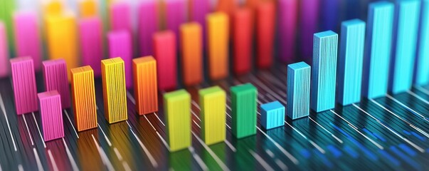 Fototapeta premium Colorful 3D bar graph with varying heights on a reflective surface, representing data visualization and analytics in a vibrant, modern style.