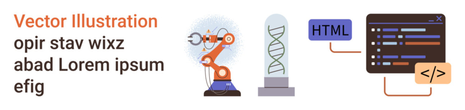 Digital transformation, biotechnology, automation, programming, innovation, artificial intelligence. Robotic arm, DNA helix and coding interface. Automation and biotechnology concepts