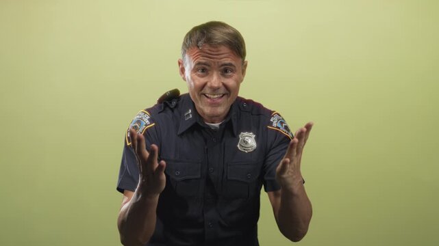 Police man points finger to badge and gestures with open palms then covers face in studio; sincere duty.
