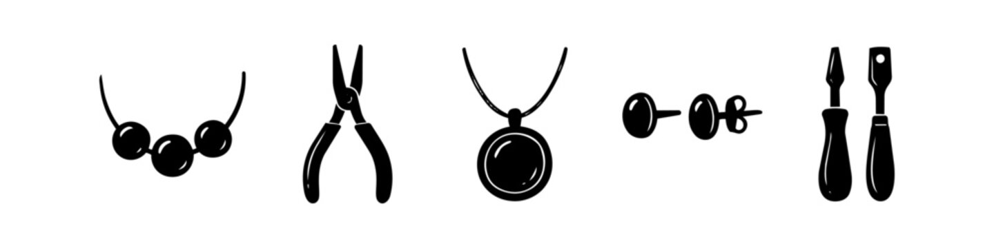 Set of black and white jewelry making icons including pliers, necklaces, earrings, and hand tools for crafting handmade accessories. Minimalist design for DIY and artisan workshops.