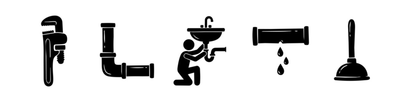 Black plumbing icon set featuring a pipe wrench, pipes, a plumber repairing a sink, a leaking pipe, and a plunger, isolated on a white background.