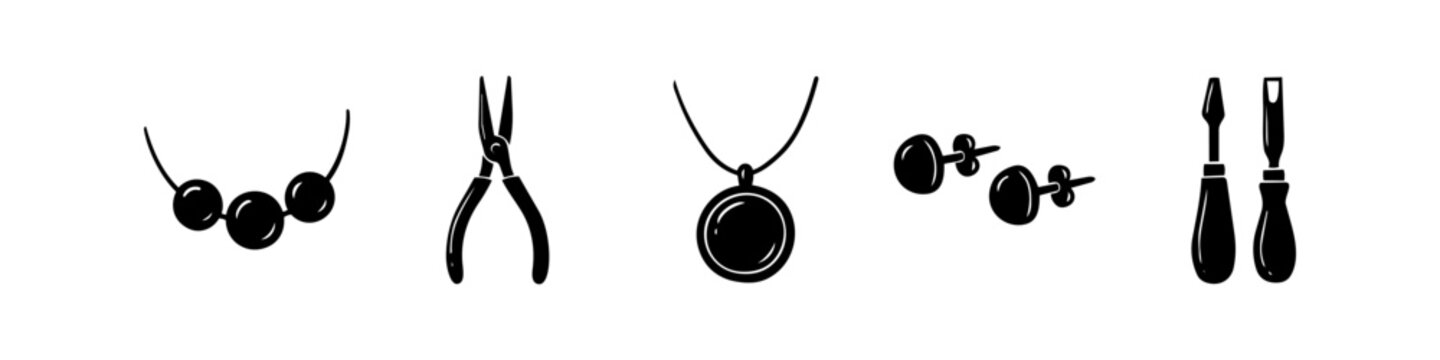 A collection of black jewelry making and repair tool icons, including necklaces, earrings, pliers, and carving tools, isolated on a white background for design projects.
