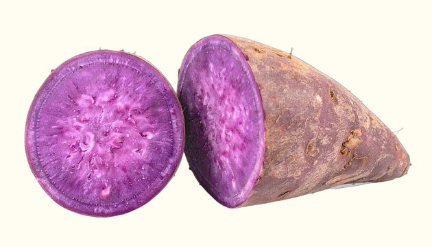 Fresh purple sweet potato with vibrant violet flesh and brown skin, isolated on pure white background.