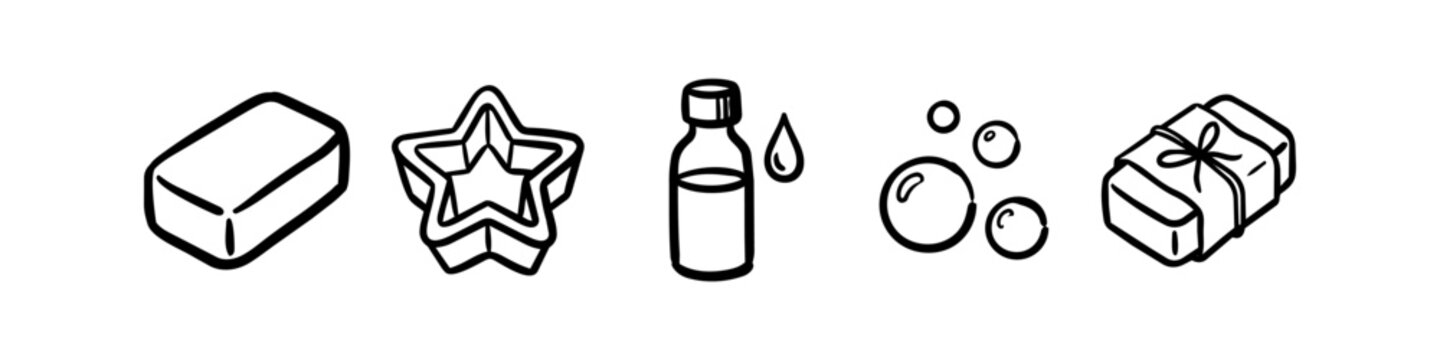 Hand-drawn icon set featuring handmade soap bars, essential oil bottle, bubbles, and star-shaped soap. Ideal for spa, wellness, and craft branding.