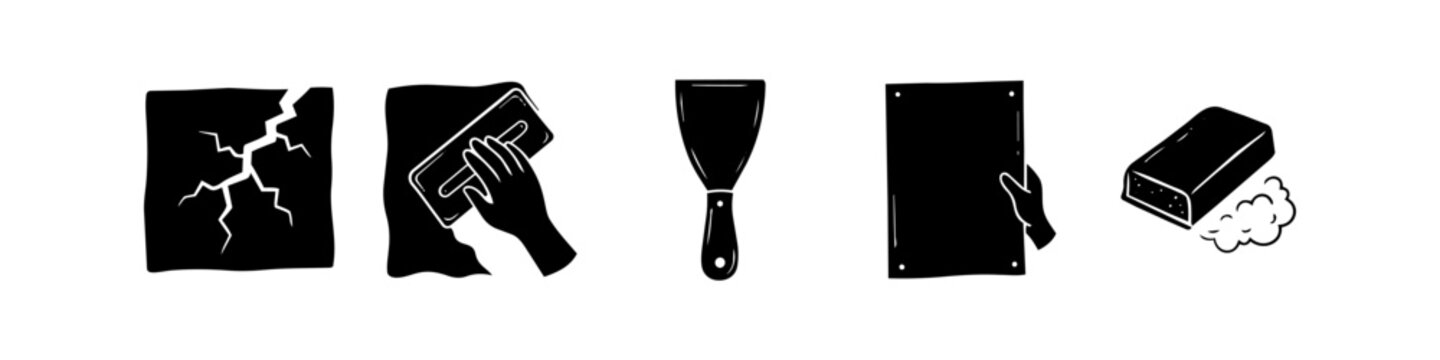 Hand-drawn icon set for wall repair and home maintenance, featuring crack repair, plastering, putty knife, drywall installation, and cleaning sponge. Simple black and white vector graphics.