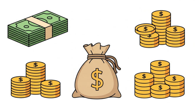 Illustration of a money bag stacks of coins and bundles of banknotes.