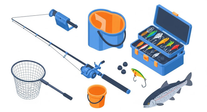 Isometric fishing gear equipment set with rod reel net bait bucket fish.