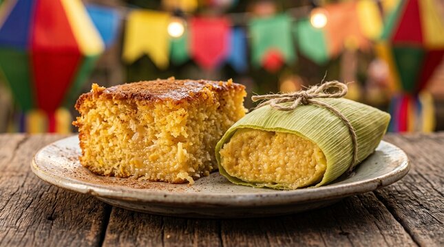 Traditional Brazilian Festa Junina food with corn cake and pamonha
