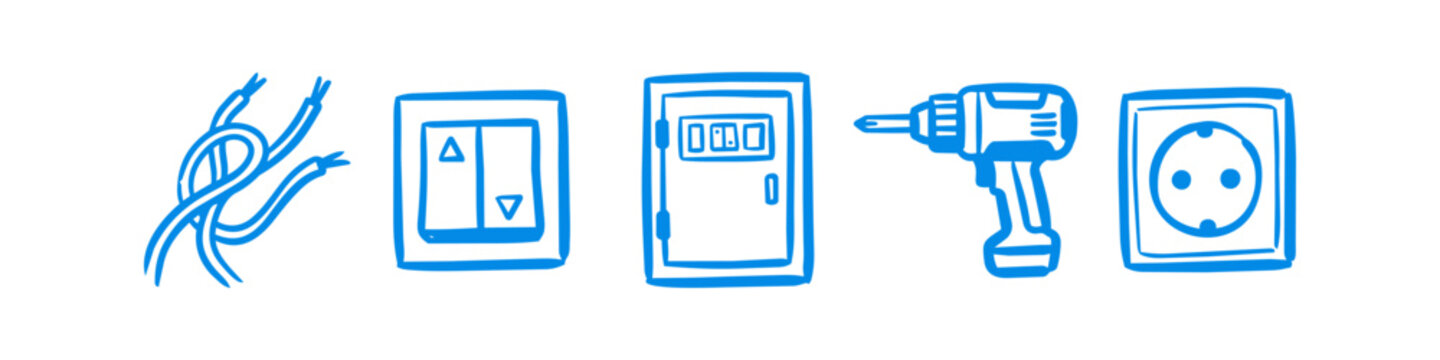 Set of hand-drawn blue electrical icons including wires, light switch, fuse box, cordless drill, and power socket on white background. Professional electrician tools and equipment illustration.