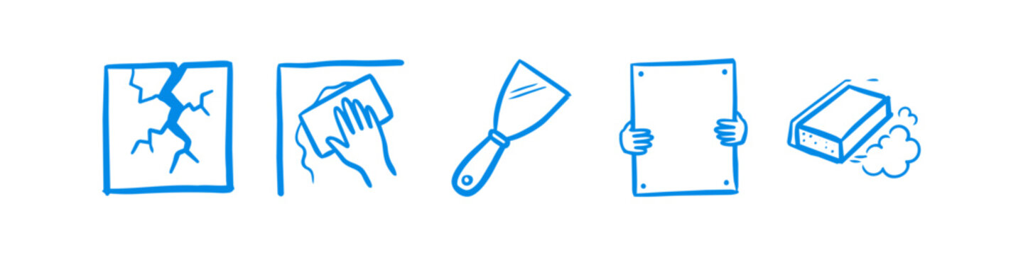 Hand-drawn blue icons showing the step-by-step process of wall repair, from identifying a crack and cleaning to applying putty, installing drywall, and sanding the final surface.