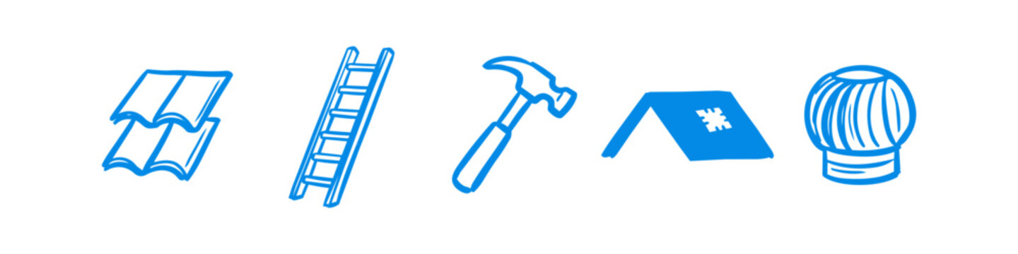 Set of hand-drawn blue icons representing roofing and home repair, featuring roof tiles, a ladder, a hammer, a gabled roof, and a turbine ventilator on a white background.