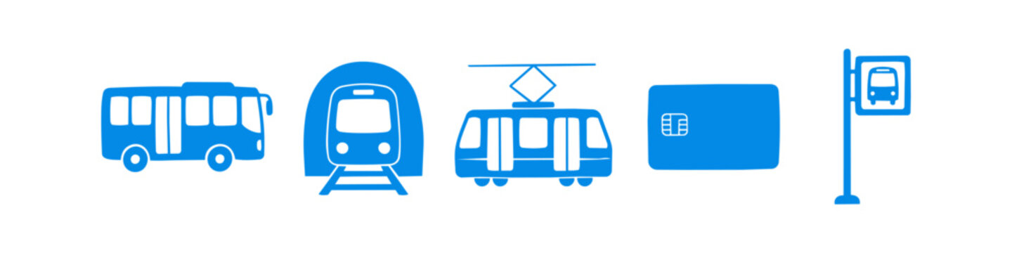 Blue public transportation icon set featuring a bus, train tunnel, tram, transit card, and bus stop. Ideal for urban mobility, city planning, and smart ticketing system designs.