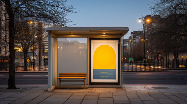 Empty city bus shelter at dawn, a freshly installed guerrilla marketing poster still steaming from paste application, spring frost in the air, no people, ambient street lighting, bold minimalist typ