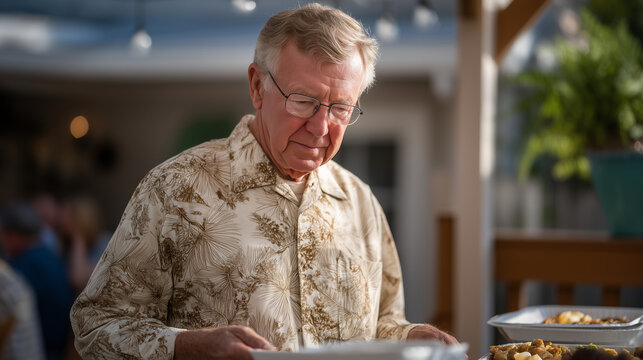 Memorial Day family cookout scene with grandfather discreetly checking a non invasive glucose earlobe sensor, intergenerational diabetes care, outdoor spring gathering, chronic disease family awaren