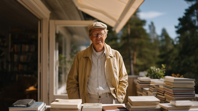Harsh midday sun on outdoor patio, man standing at impromptu standing desk made from stacked books, makeshift ergonomics, improvised home office, resourceful remote worker, backyard working, spring 